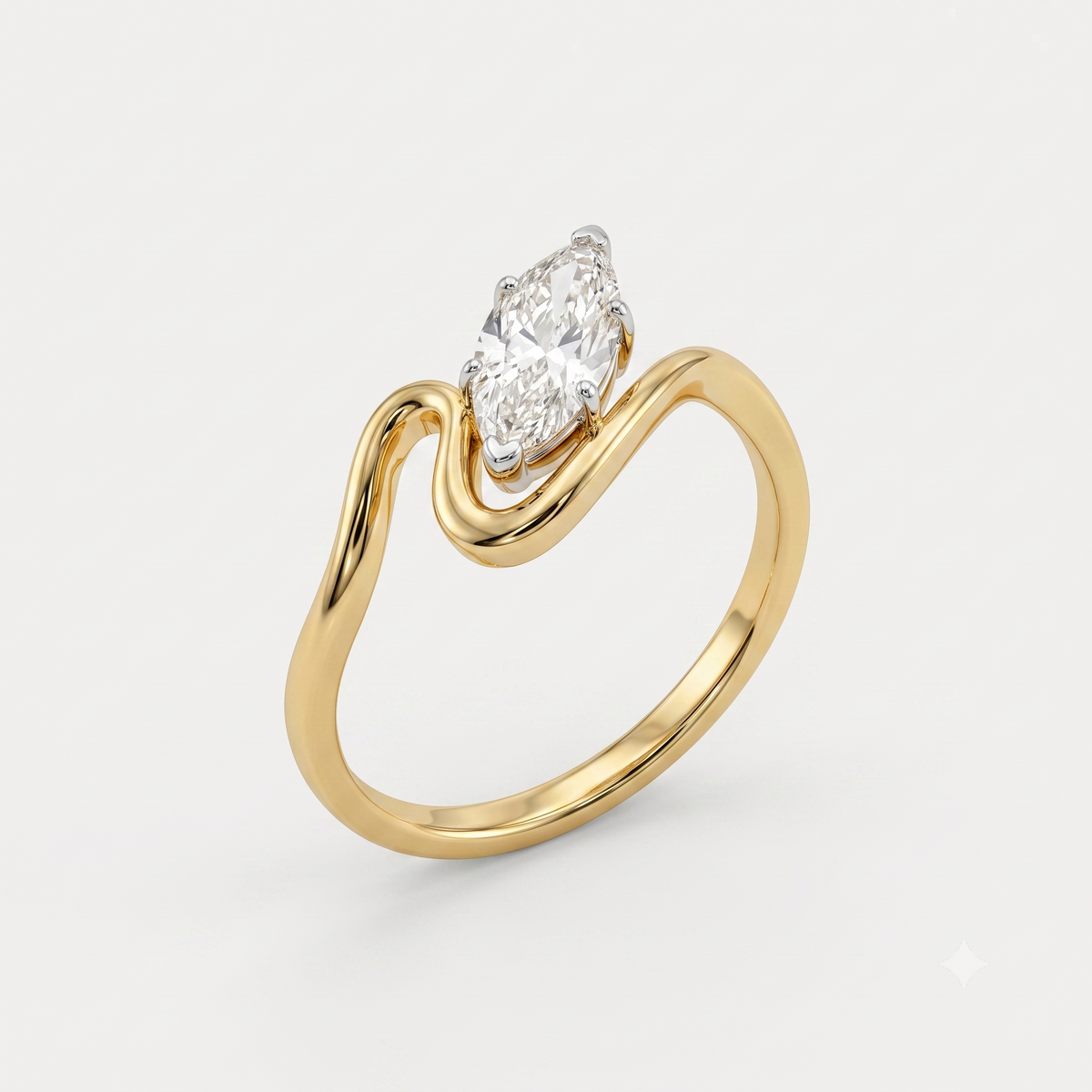 A yellow gold ring with a unique wavy band design and a marquise-cut diamond set in a prong setting, shown on a light gray background.