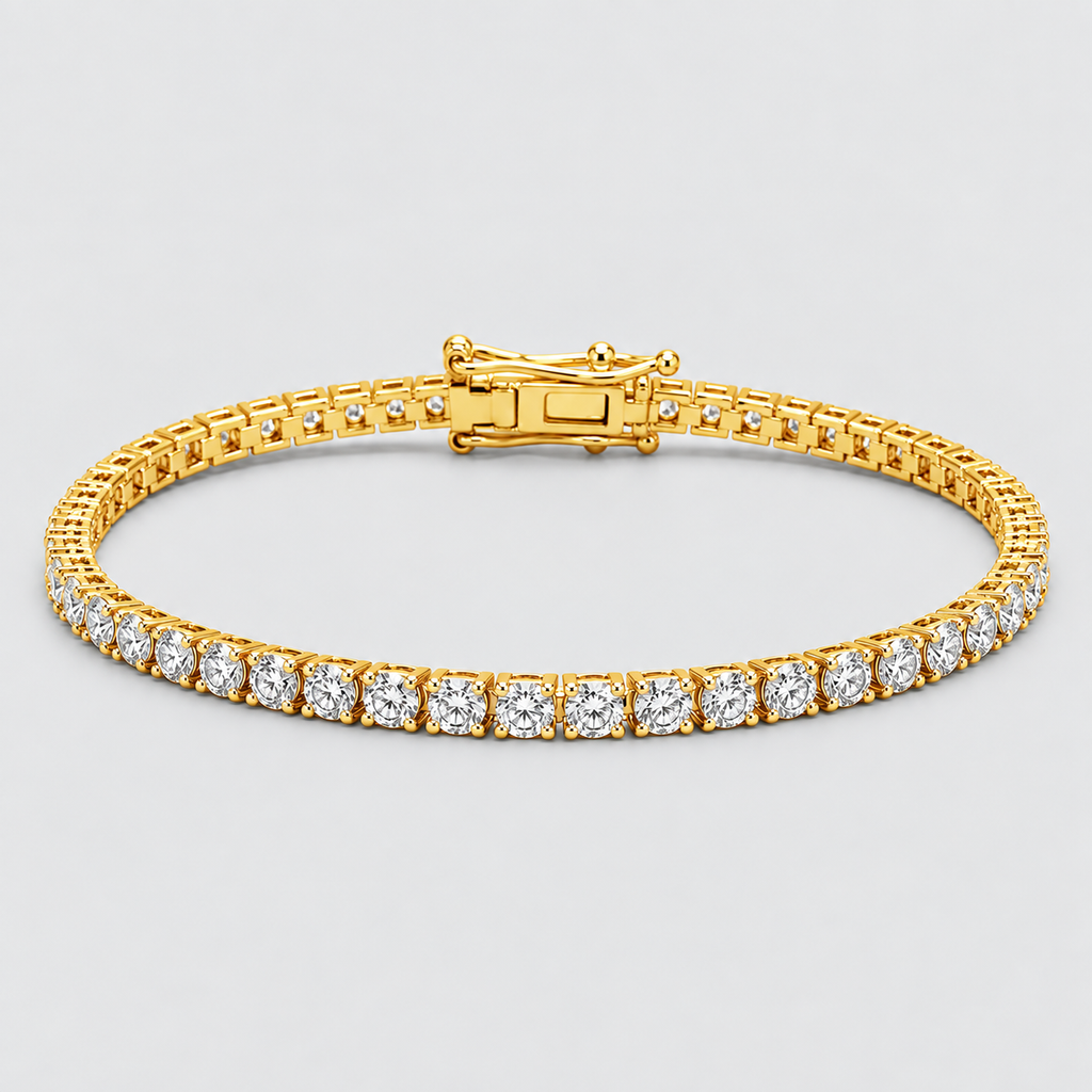 A yellow gold tennis bracelet featuring a row of round-cut clear gemstones along the front, displayed on a light gray background.
