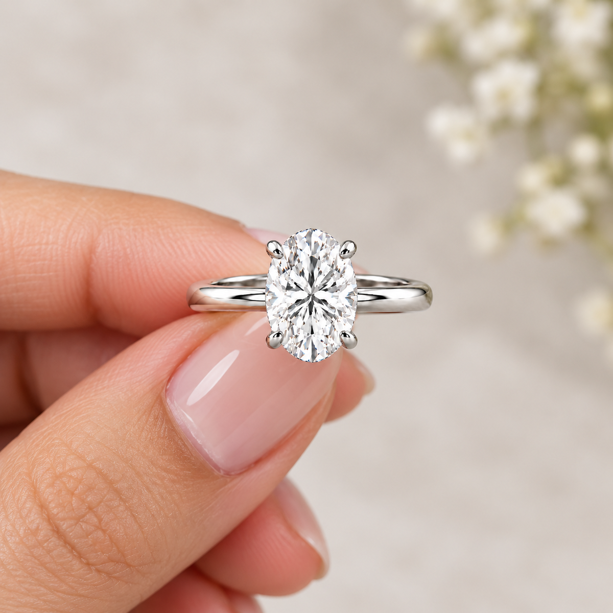 A silver solitaire ring with an oval-cut clear gemstone held between fingers against a soft, light beige background with blurred white flowers.