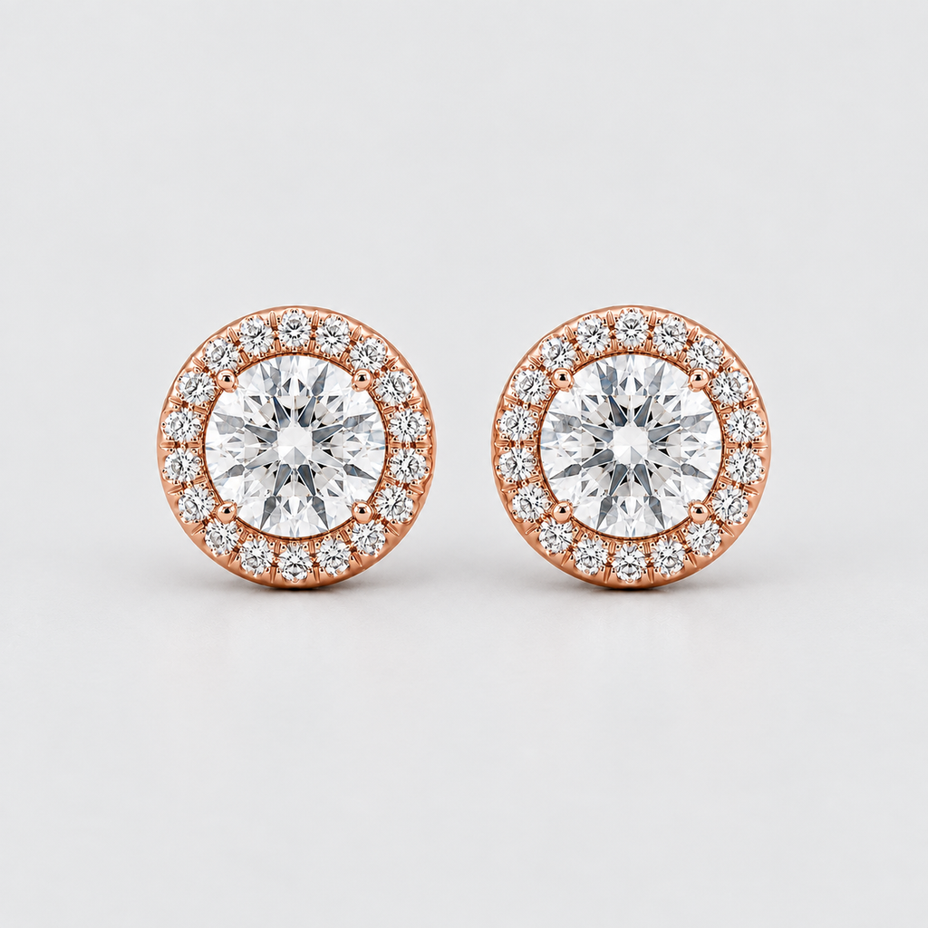A pair of round halo stud earrings featuring a central round brilliant-cut clear gemstone surrounded by a halo of smaller clear stones in a rose gold setting, shown on a light gray background.