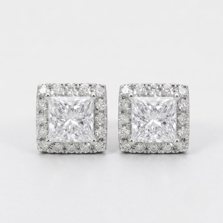 3.50 Ct. Princess Cut Lab Grown Diamond Halo Stud Earrings (VS-EF)