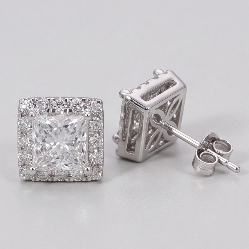 3.50 Ct. Princess Cut Lab Grown Diamond Halo Stud Earrings (VS-EF)