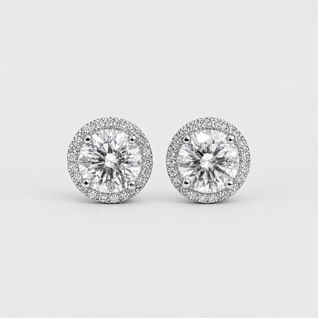 A pair of round halo stud earrings featuring large clear center stones surrounded by a halo of smaller clear stones in a silver-toned setting, shown on a light gray background.