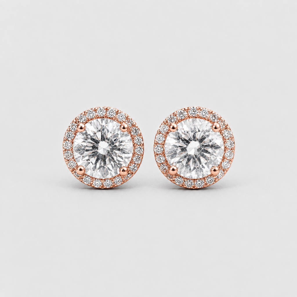 A pair of round halo stud earrings featuring large clear center stones surrounded by a halo of small clear stones in rose gold settings, shown on a light gray background.