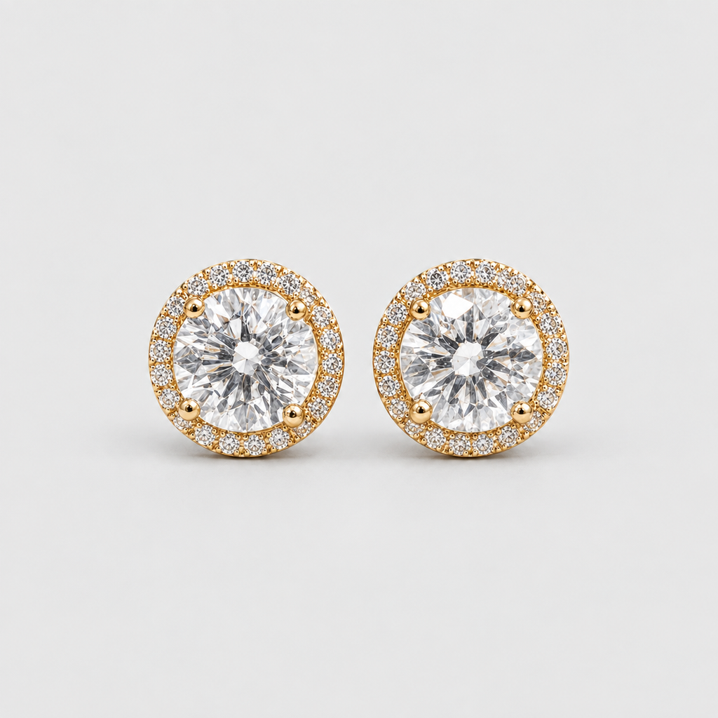 A pair of round stud earrings featuring large clear center stones surrounded by a halo of small clear stones in a yellow gold setting, photographed on a light gray background.