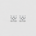 A pair of princess-cut diamond stud earrings in a silver four-prong setting, displayed on a clean light gray background.