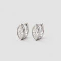 A pair of silver-toned huggie hoop earrings with marquise-cut clear gemstones, displayed on a light gray background.