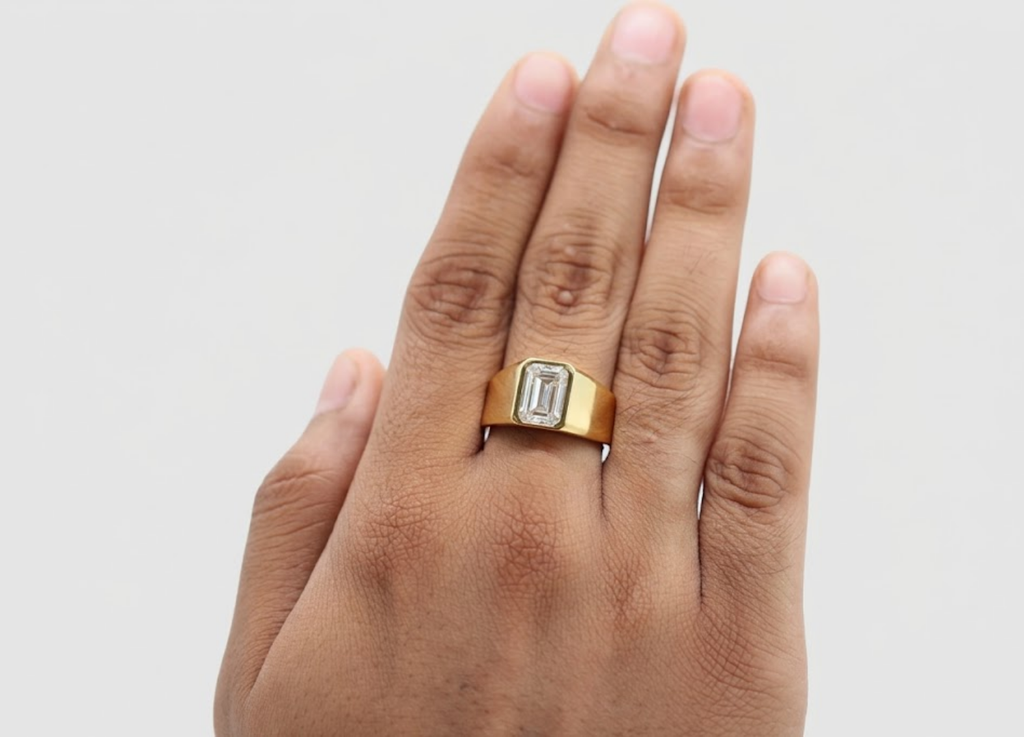 Natural Emerald Cut Diamond Ring for Men | Luxury Diamond Ring | Modern Gold Ring