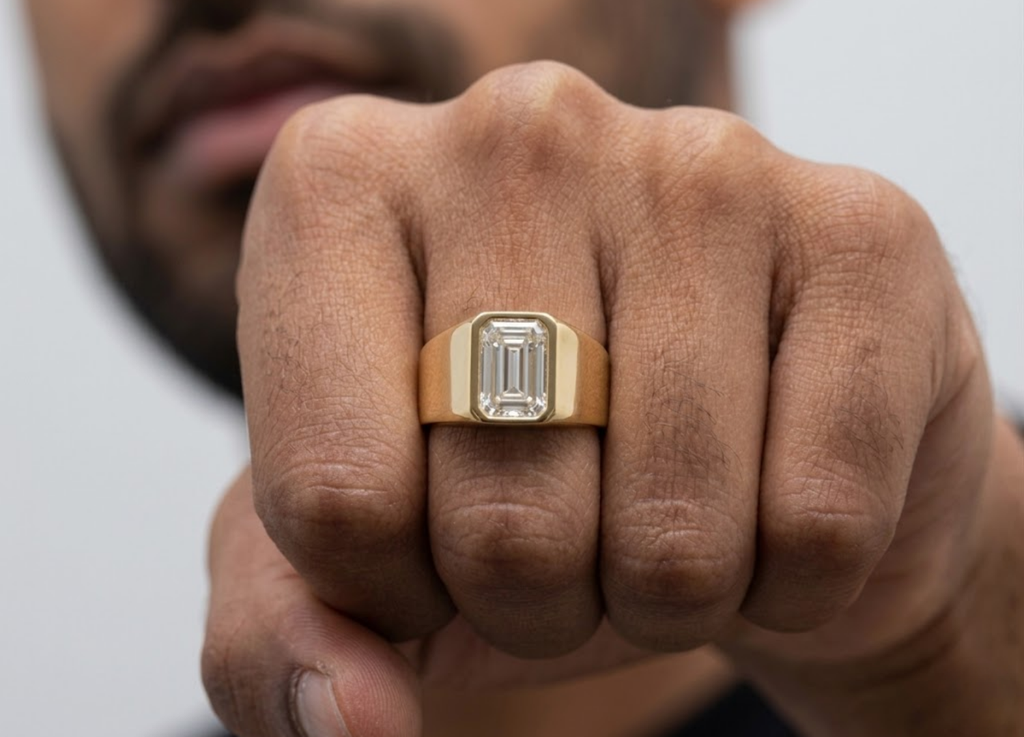 Natural Emerald Cut Diamond Ring for Men | Luxury Diamond Ring | Modern Gold Ring