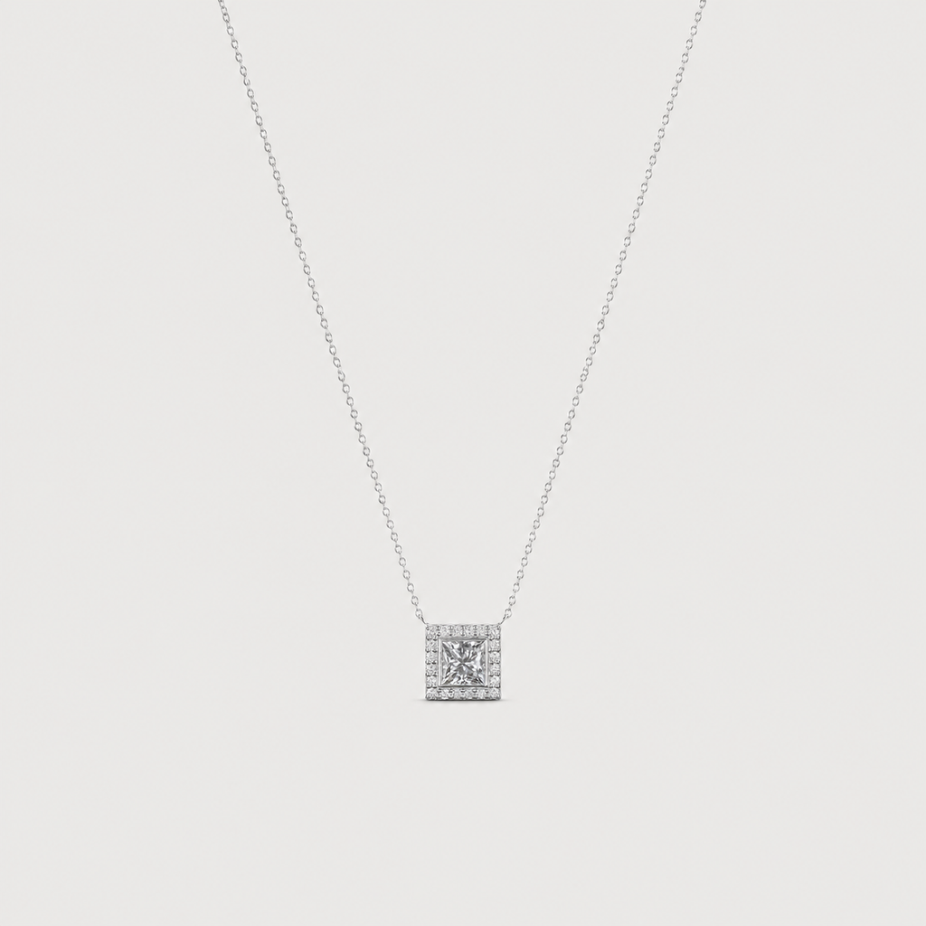 Lab Grown Diamond Princess Cut Halo Pendant Necklace 0.90 Ct. (VS-EF)