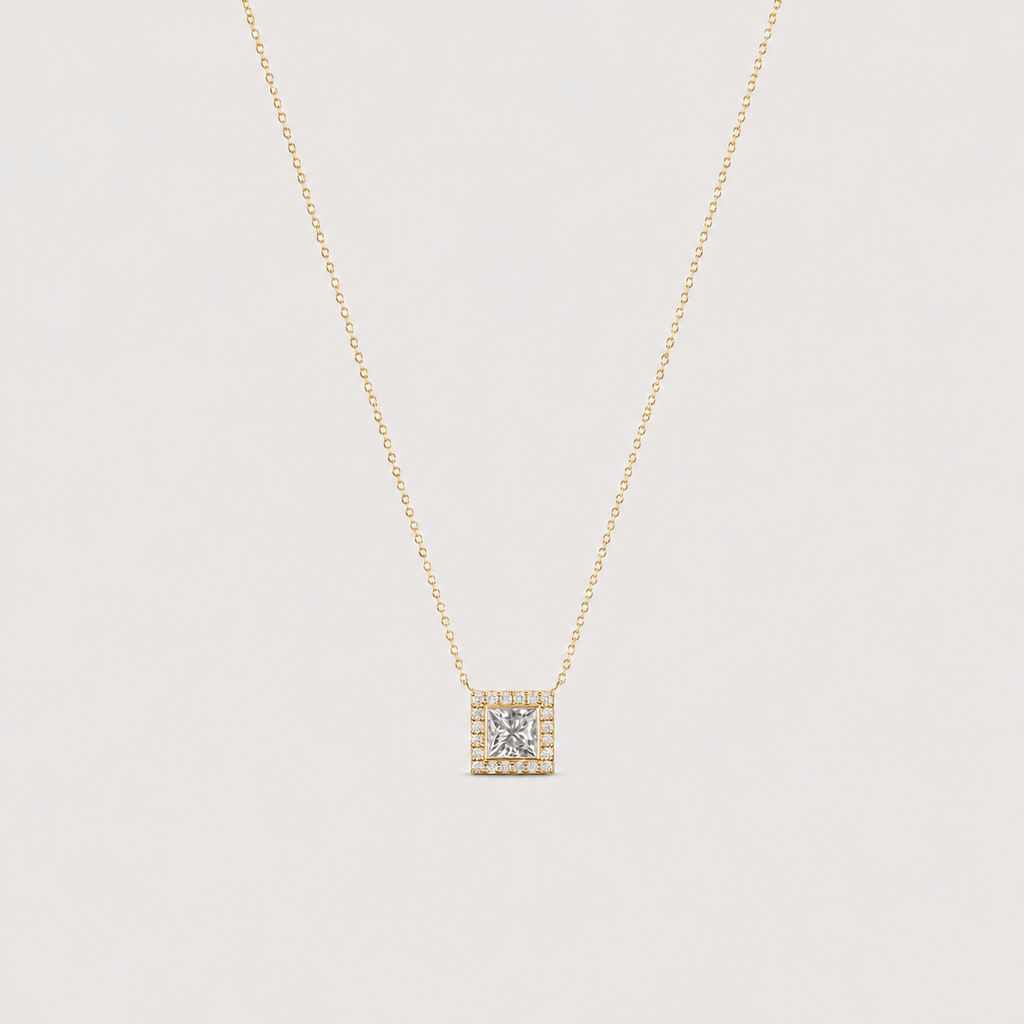 Lab Grown Diamond Princess Cut Halo Pendant Necklace 0.90 Ct. (VS-EF)