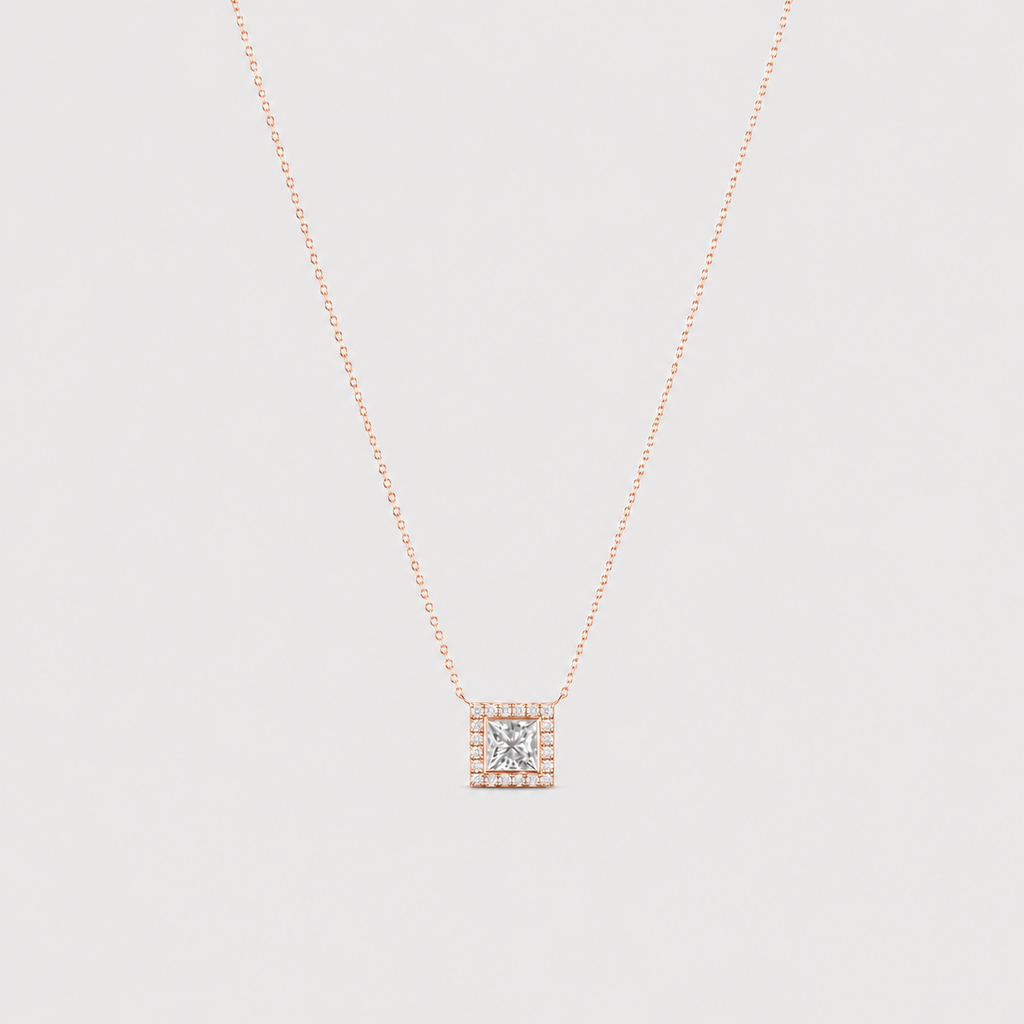 Lab Grown Diamond Princess Cut Halo Pendant Necklace 0.90 Ct. (VS-EF)