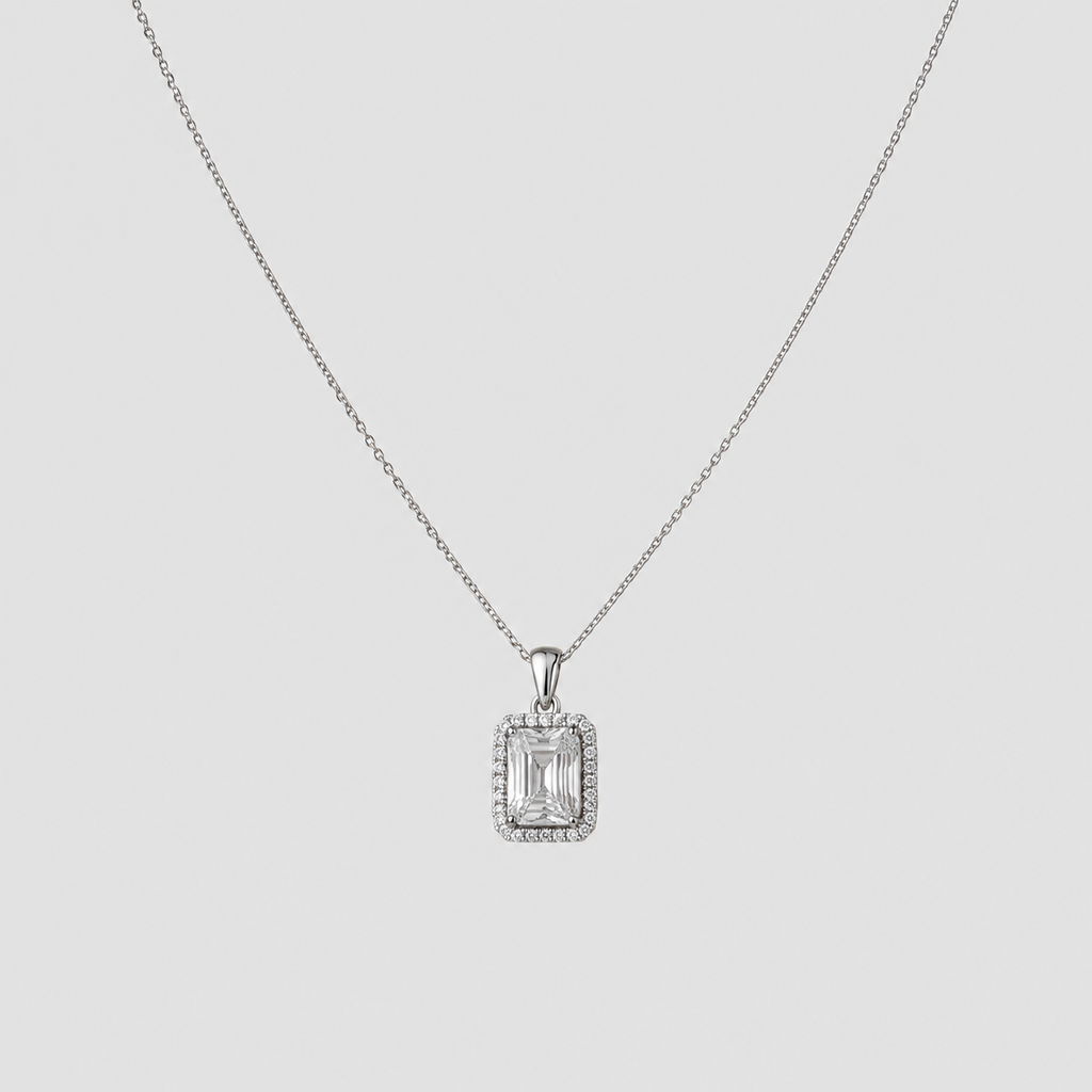 1.50 Ct. Lab Grown Diamond Emerald Cut Halo Pendant Necklace (VS-EF)