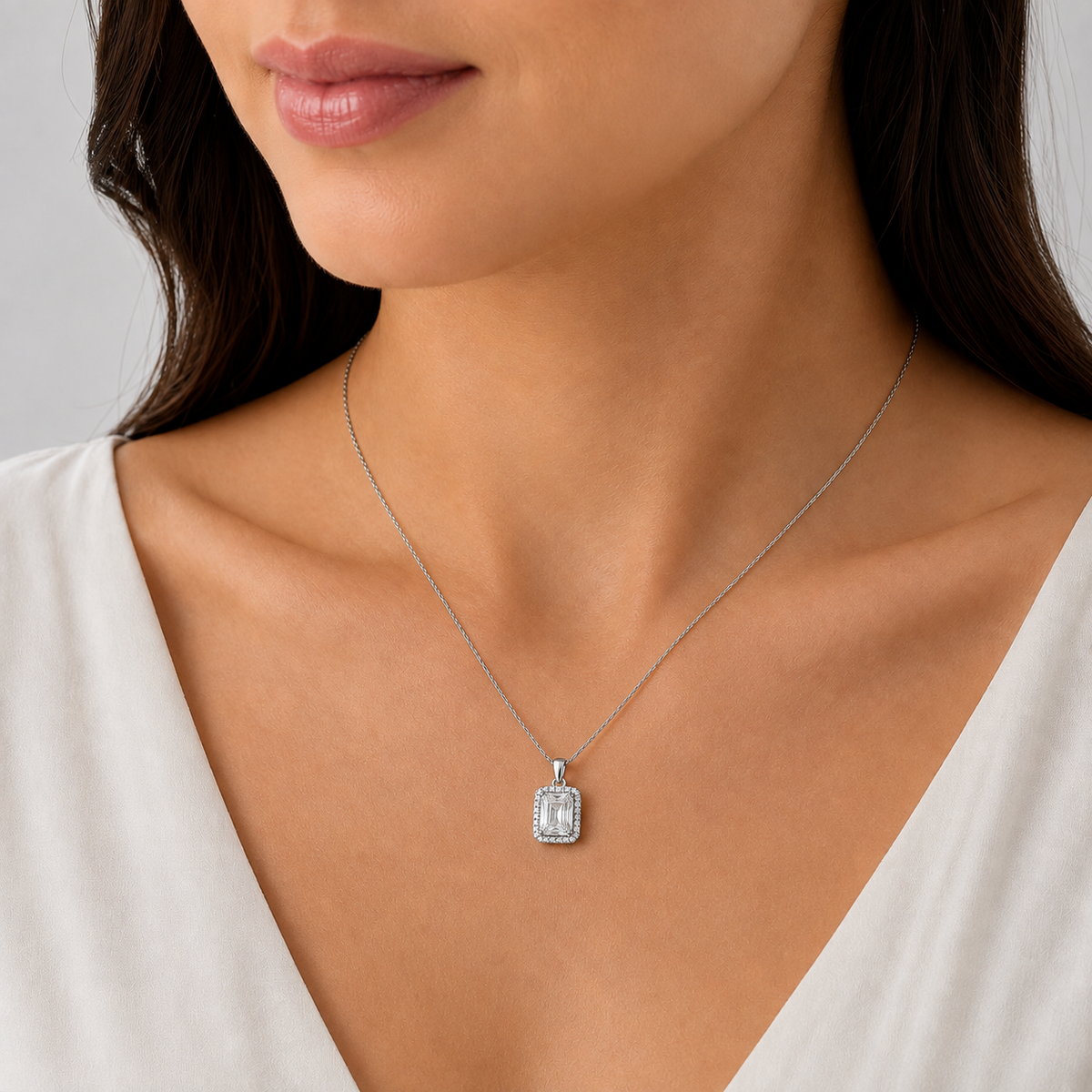 1.50 Ct. Lab Grown Diamond Emerald Cut Halo Pendant Necklace (VS-EF)