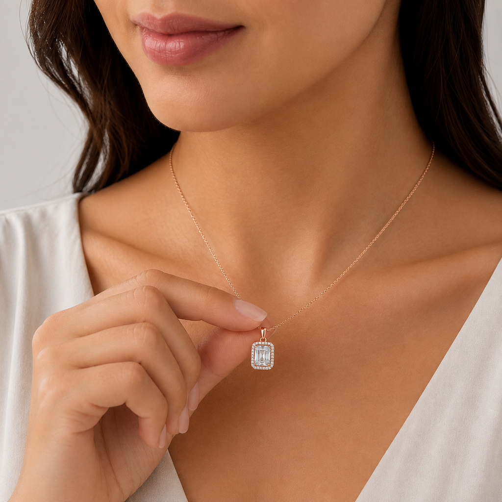 1.50 Ct. Lab Grown Diamond Emerald Cut Halo Pendant Necklace (VS-EF)