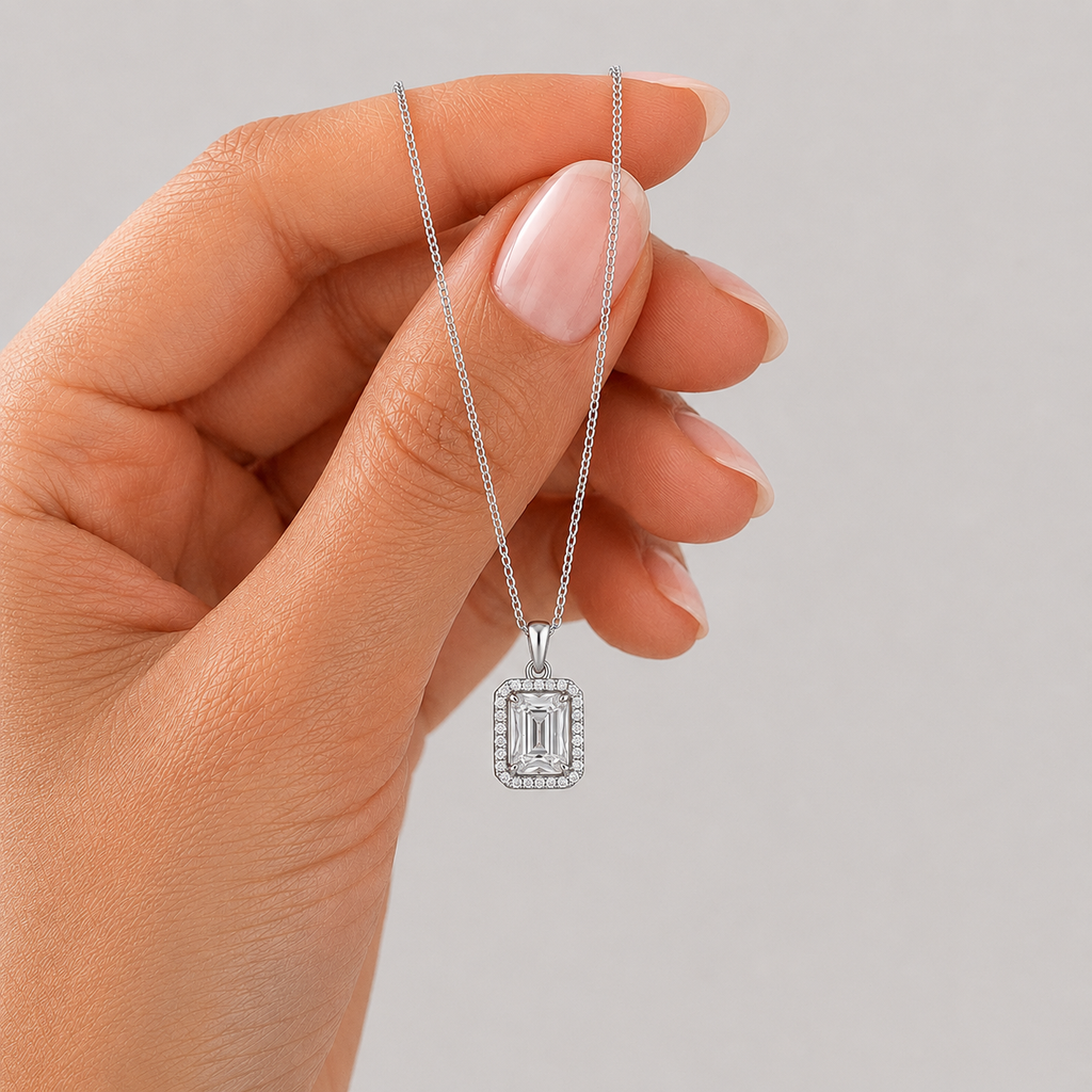 1.50 Ct. Lab Grown Diamond Emerald Cut Halo Pendant Necklace (VS-EF)