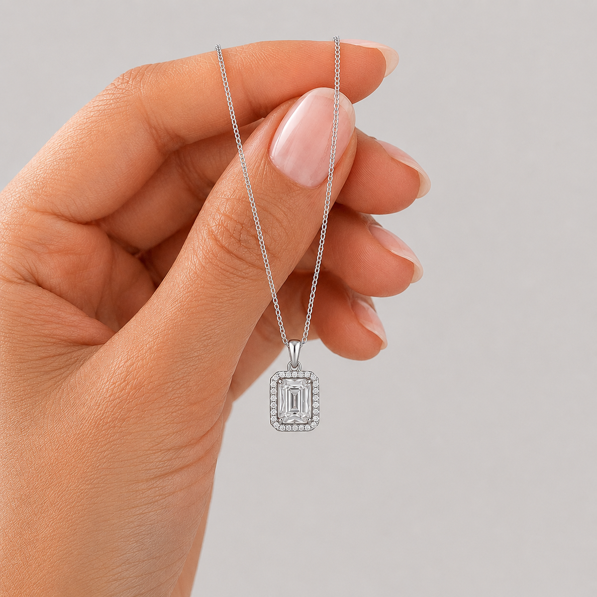 1.50 Ct. Lab Grown Diamond Emerald Cut Halo Pendant Necklace (VS-EF)