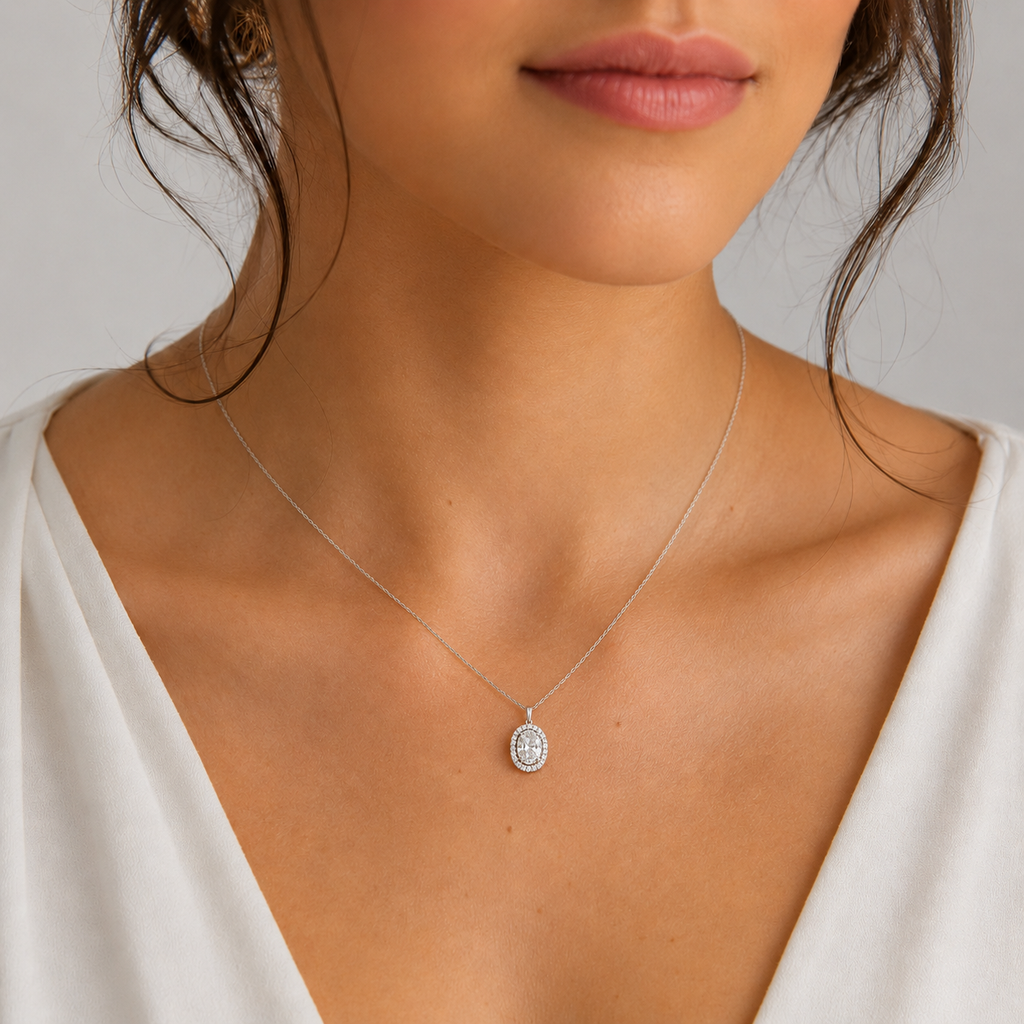 1.40 Ct. Lab Grown Diamond Oval Halo Pendant Necklace (VS-EF)