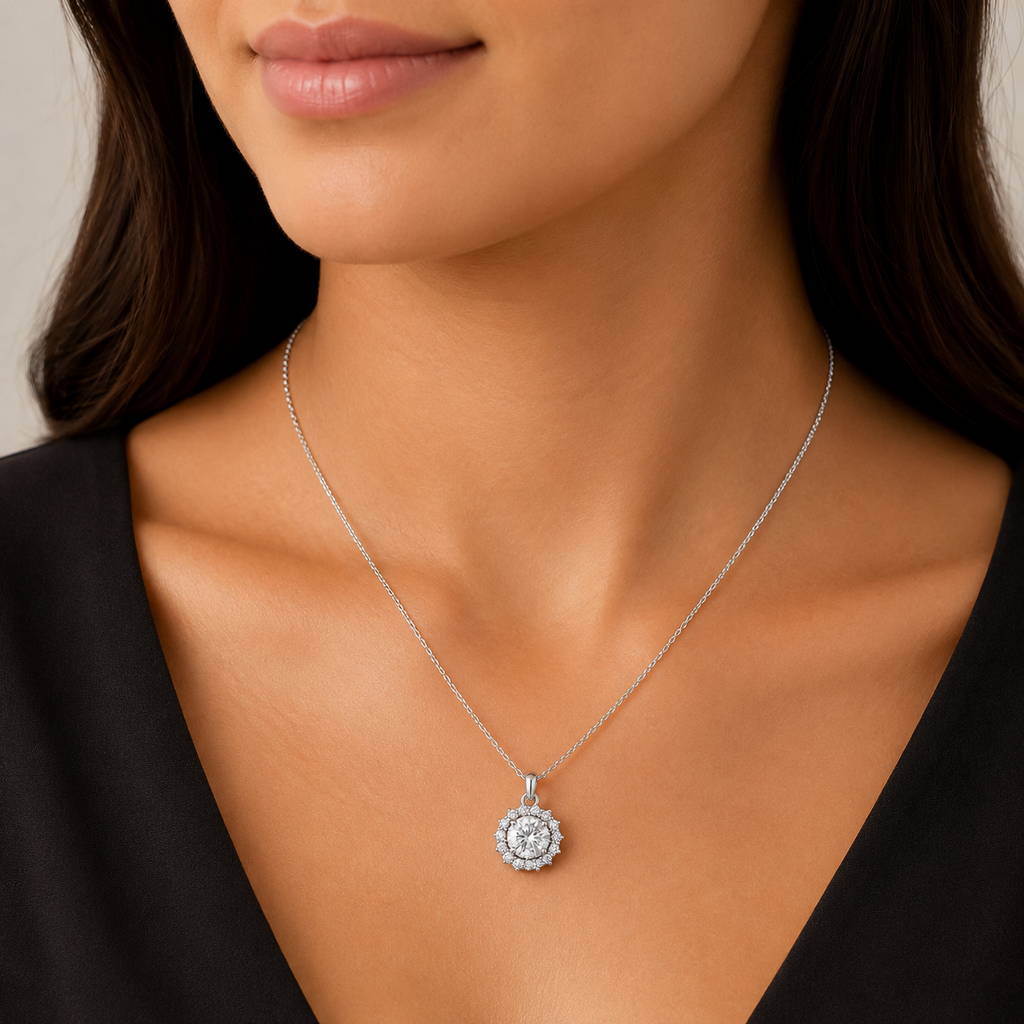 1 Ct. Lab Grown Diamond Round Halo Pendant Necklace (VS-EF)