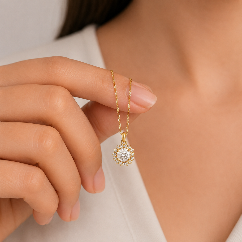 1 Ct. Lab Grown Diamond Round Halo Pendant Necklace (VS-EF)
