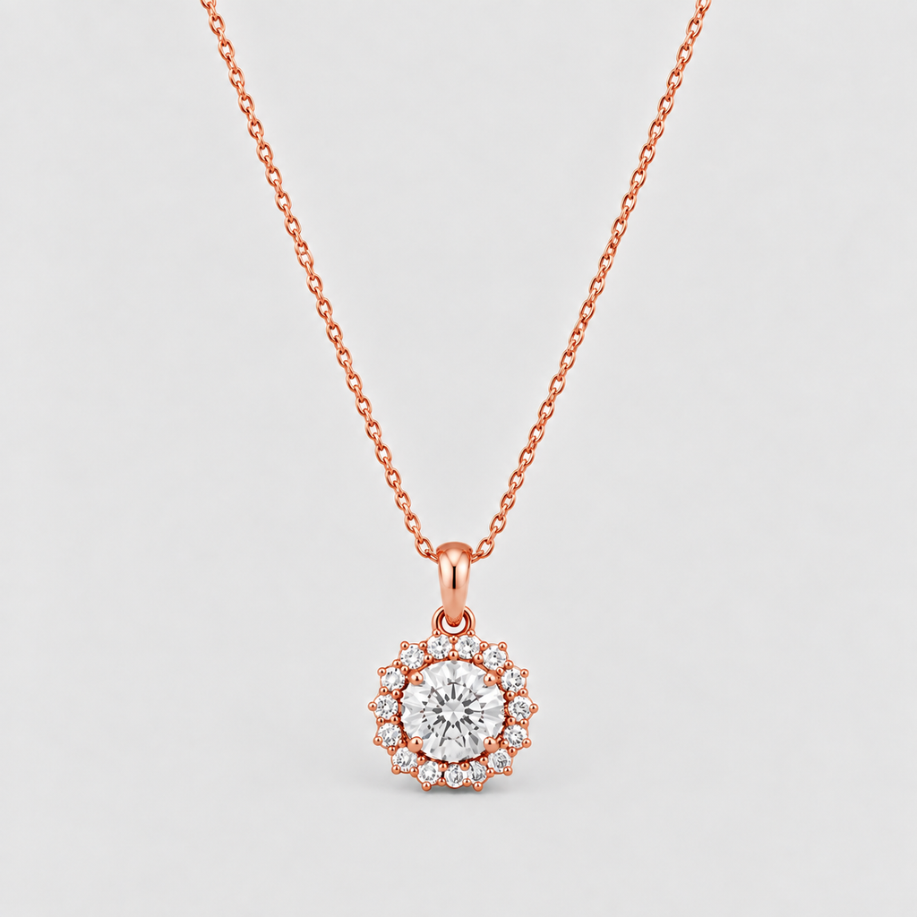 A rose gold necklace with a circular pendant featuring a central round clear gemstone surrounded by a halo of smaller clear stones, suspended from a delicate rose gold chain against a light gray background.
