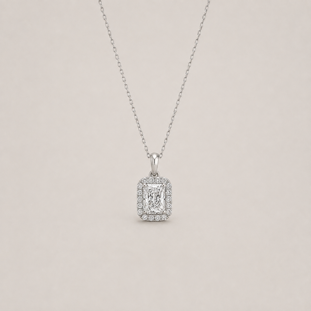 1.50 Ct. Lab Grown Diamond Radiant Cut Halo Pendant Necklace (VS-EF)