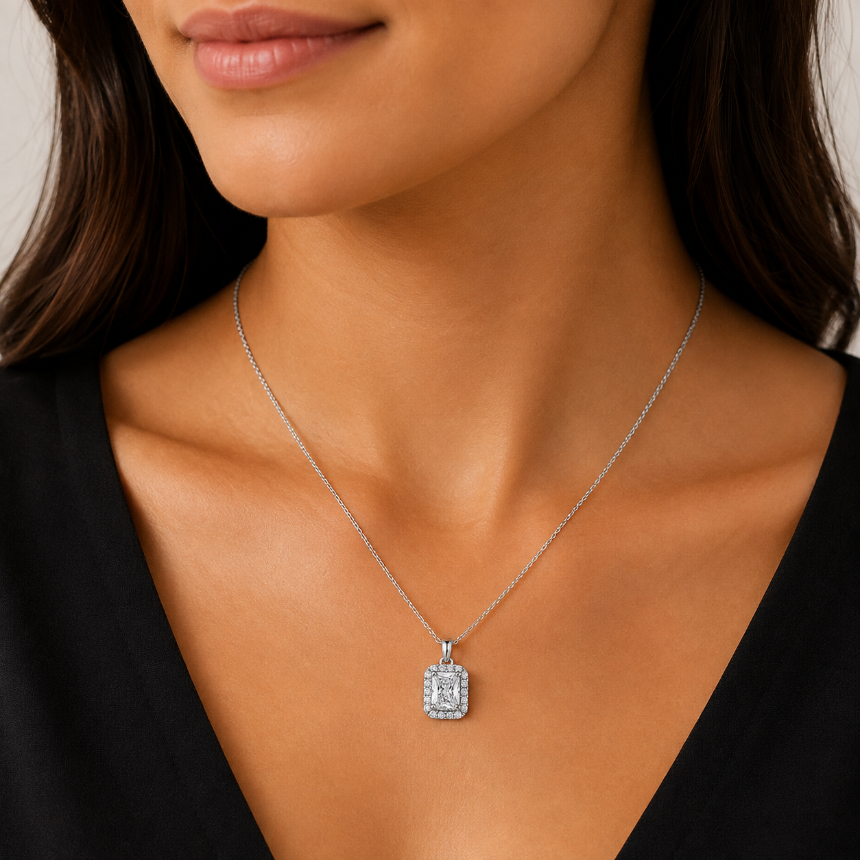 1.50 Ct. Lab Grown Diamond Radiant Cut Halo Pendant Necklace (VS-EF)