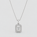 A silver-toned diamond necklace featuring an emerald-cut halo pendant, displayed against a light gray background.