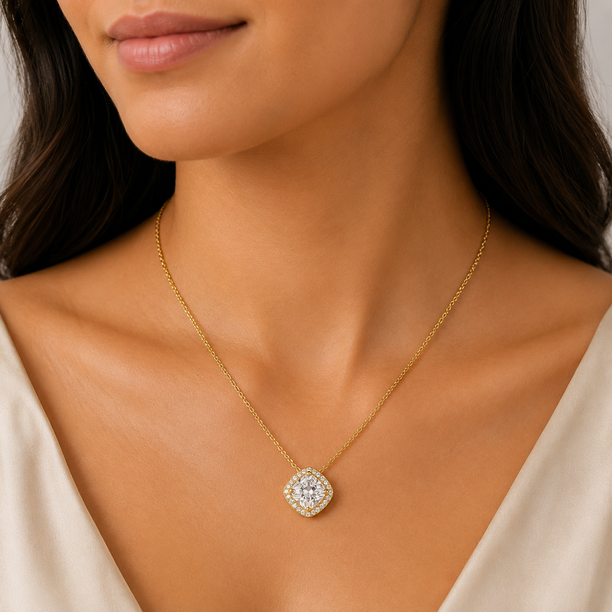 Lab Grown Diamond Cushion Cut Halo Pendant Necklace 0.75 Ct. (VS-EF)