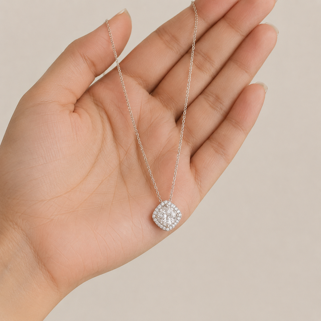 Lab Grown Diamond Cushion Cut Halo Pendant Necklace 0.75 Ct. (VS-EF)