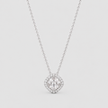 A silver-tone diamond halo necklace with a cushion-cut center stone, displayed on a light gray background.