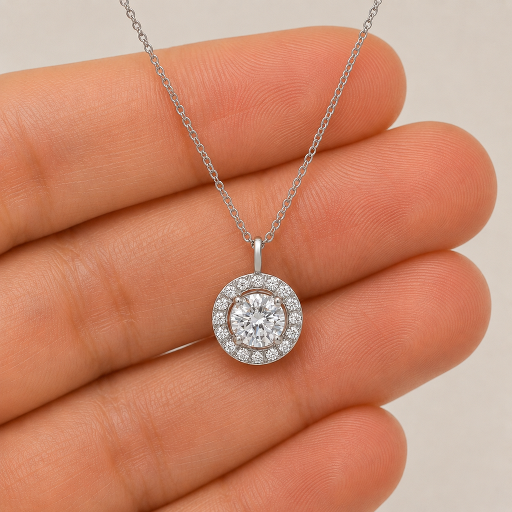 1.50 Ct. Round Cut Lab Grown Diamond Halo Pendant Necklace (VS-EF)