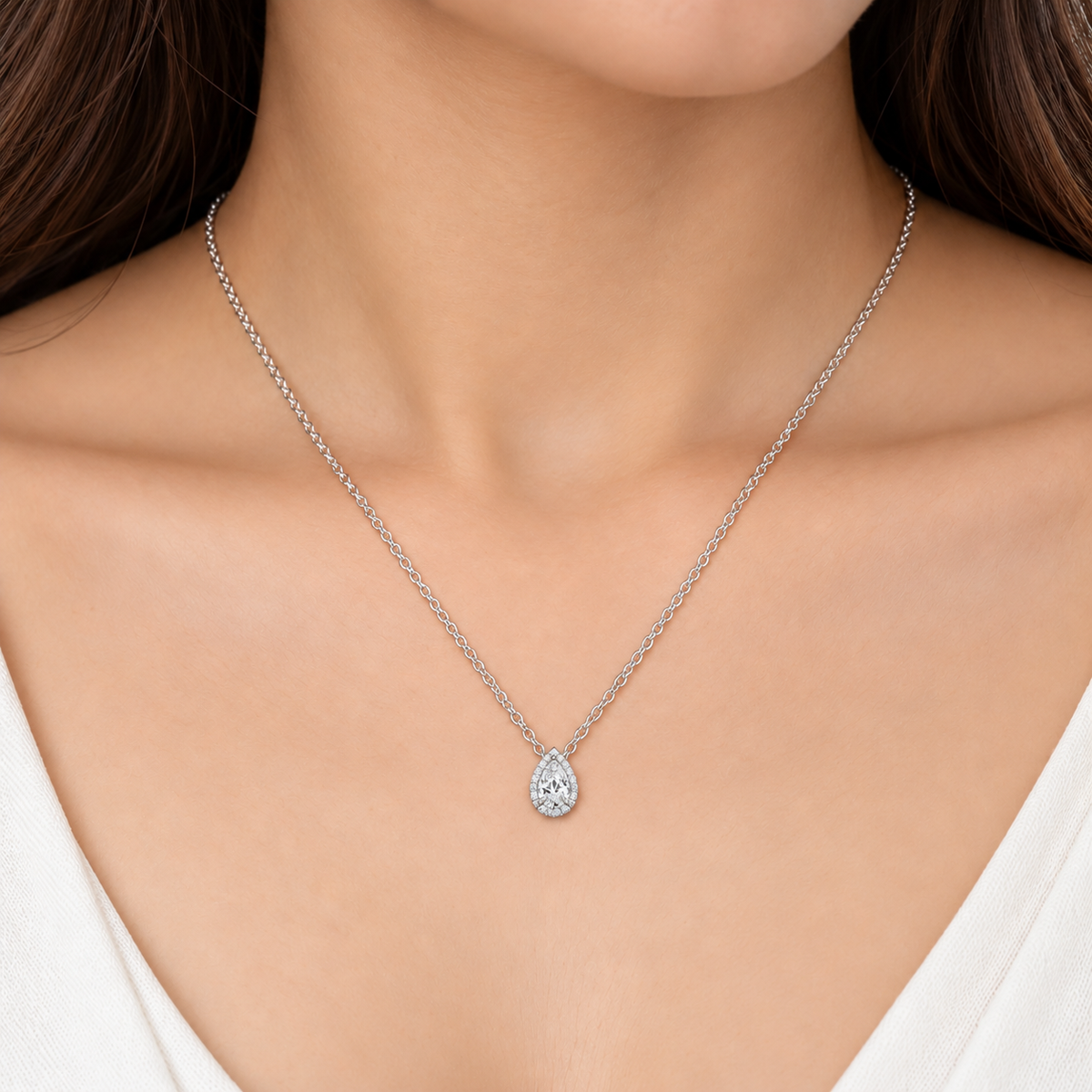 Lab Grown Diamond Pear Cut 0.60 Ct. Halo Pendant (EF/VVS-VS)