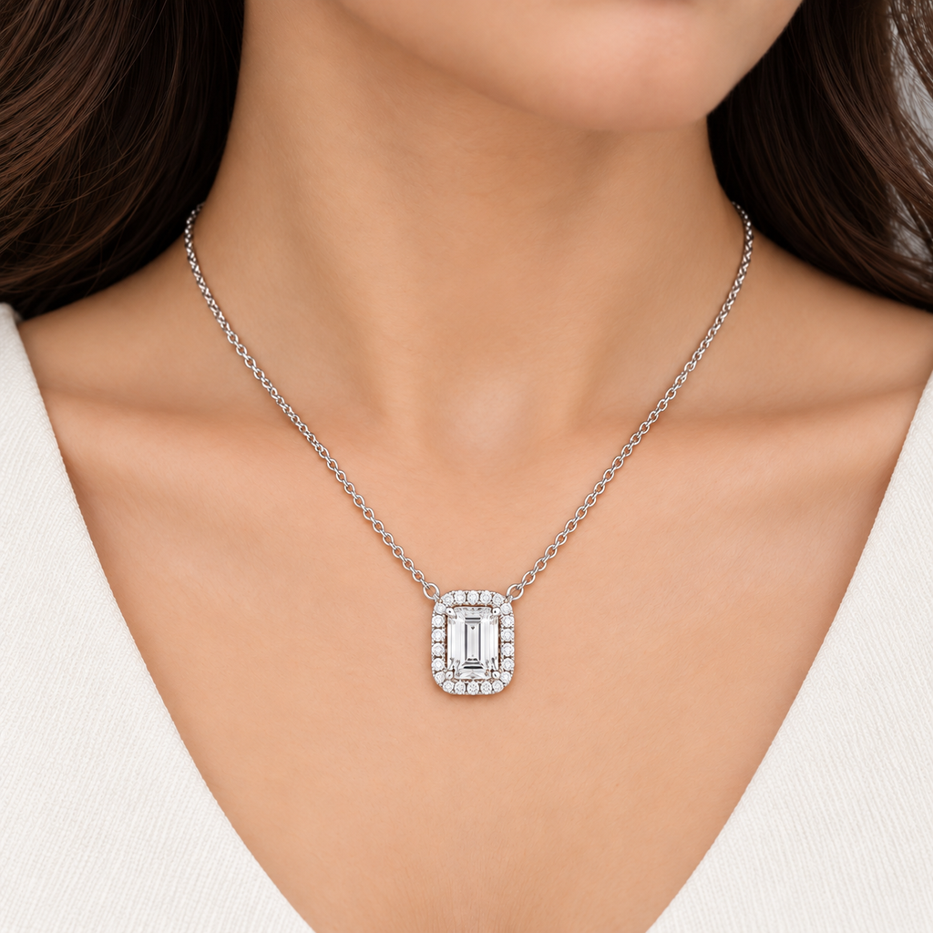 2.50 Ct. Lab Grown Diamond Emerald Cut Halo Pendant (VS-EF)