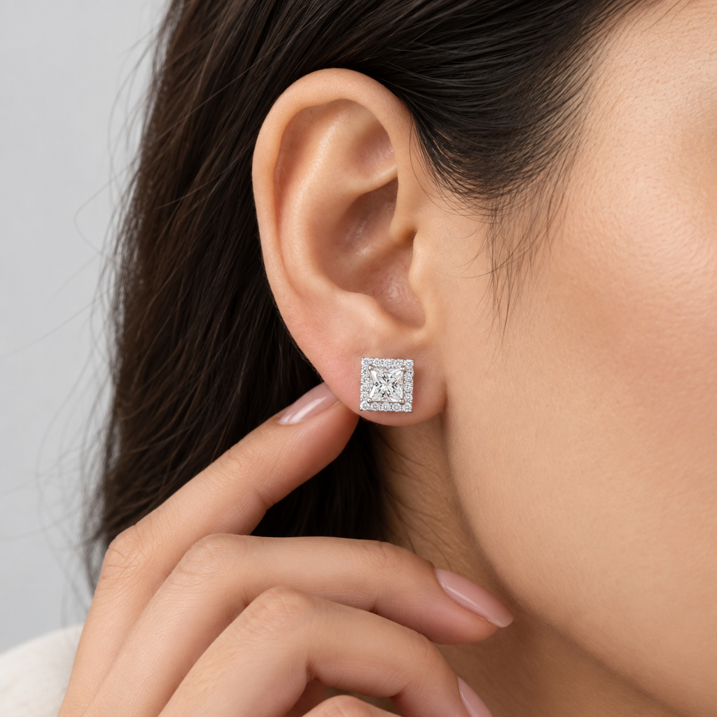 3.50 Ct. Lab Grown Diamond Princess Cut Halo Earrings (VS-EF)