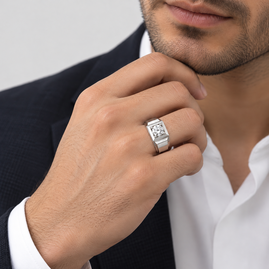 1 Ct. Lab Grown Diamond Round Solitaire Men Ring (VS-EF)