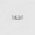 A silver-toned men's ring featuring a square bezel-set princess-cut diamond, centered on a light gray background.