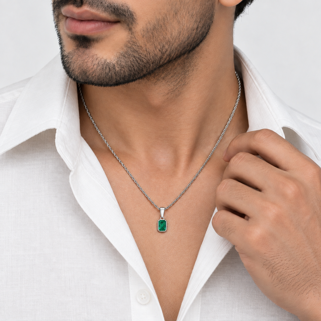1 Ct. Emerald-Cut Natural Emerald Men’s Solitaire Pendant