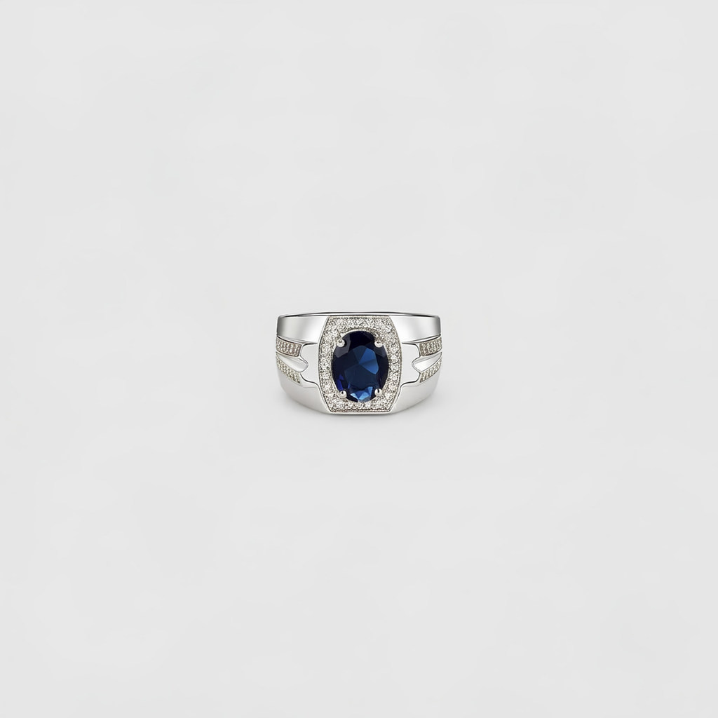 2.4 Ct. Blue Sapphire Gemstone Oval Cut Men Halo Ring