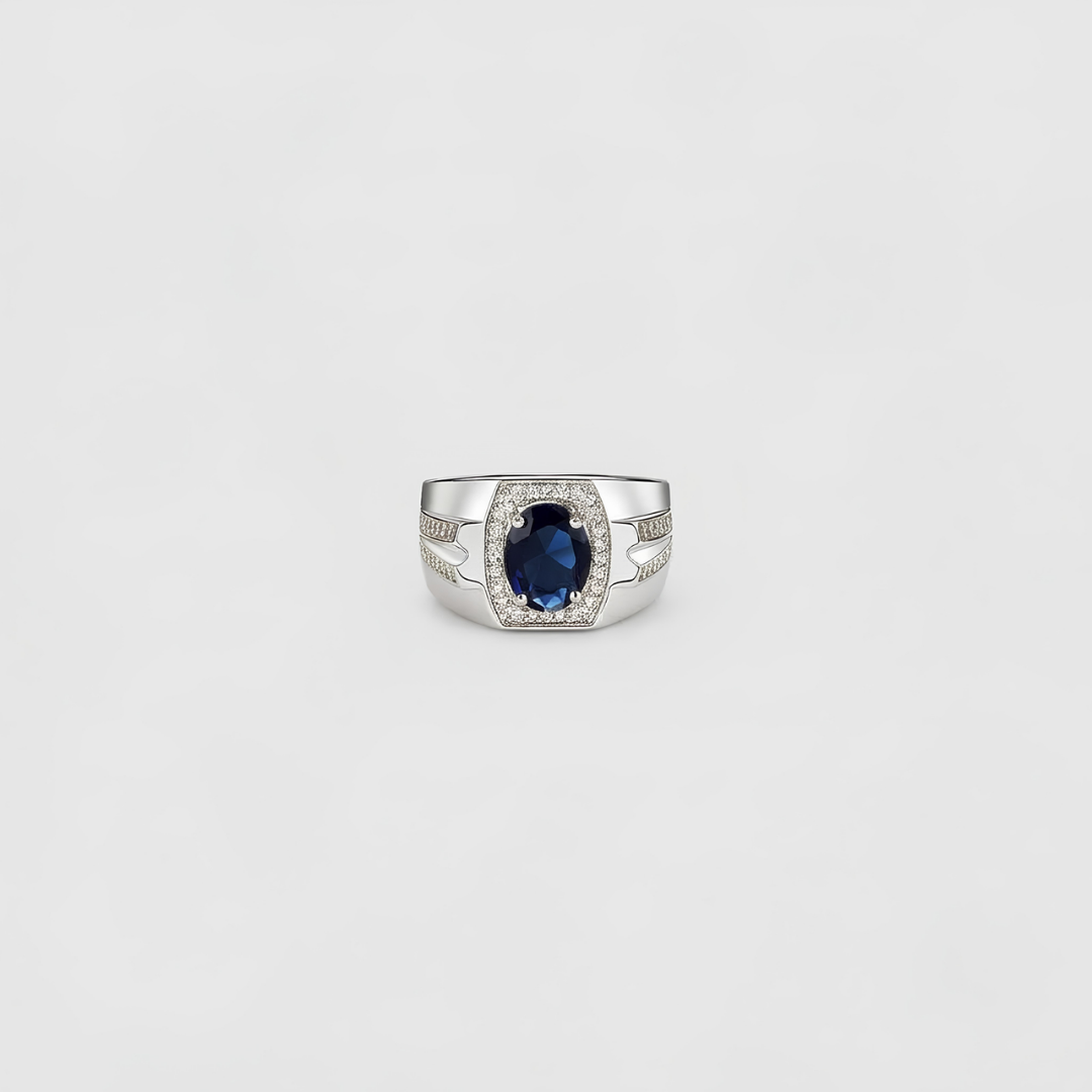 2.4 Ct. Blue Sapphire Gemstone Oval Cut Men Halo Ring