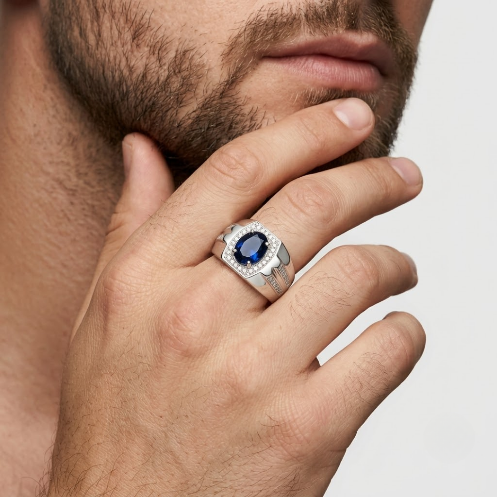 2.4 Ct. Blue Sapphire Gemstone Oval Cut Men Halo Ring