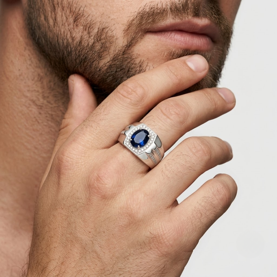 2.4 Ct. Blue Sapphire Gemstone Oval Cut Men Halo Ring