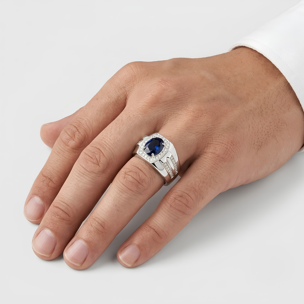 2.4 Ct. Blue Sapphire Gemstone Oval Cut Men Halo Ring