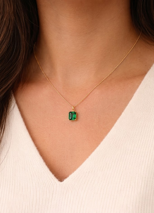 1 CT Emerald Cut Green Gemstone Pendant Necklace | Solitaire Minimalist Pendant