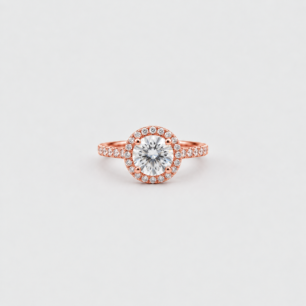 A rose gold halo ring featuring a round-cut clear center stone surrounded by a halo of small pavé-set stones, with a matching halo around a smaller center stone, set against a light gray background.