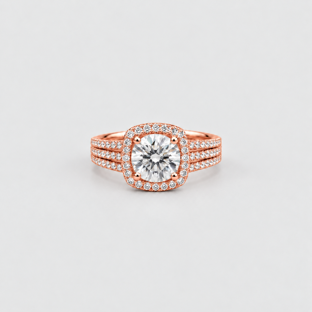 A rose gold ring featuring a large round-cut center stone surrounded by a halo of smaller stones, with a three-stripe shank also paved with small stones, set against a light gray background.