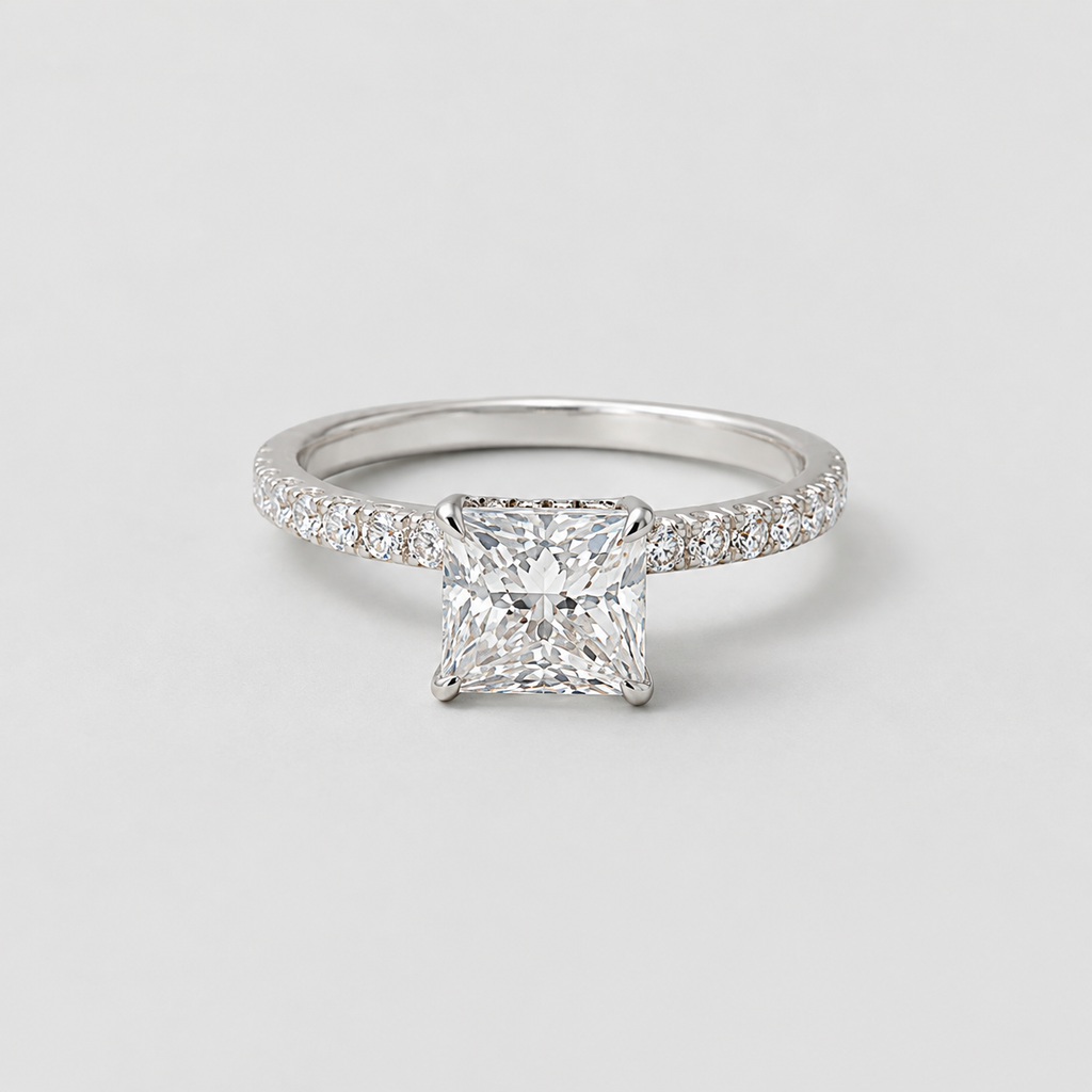 2.00tcw (VS-EF) Princess Cut Lab-Grown Diamond Pavé Engagement Ring in Gold