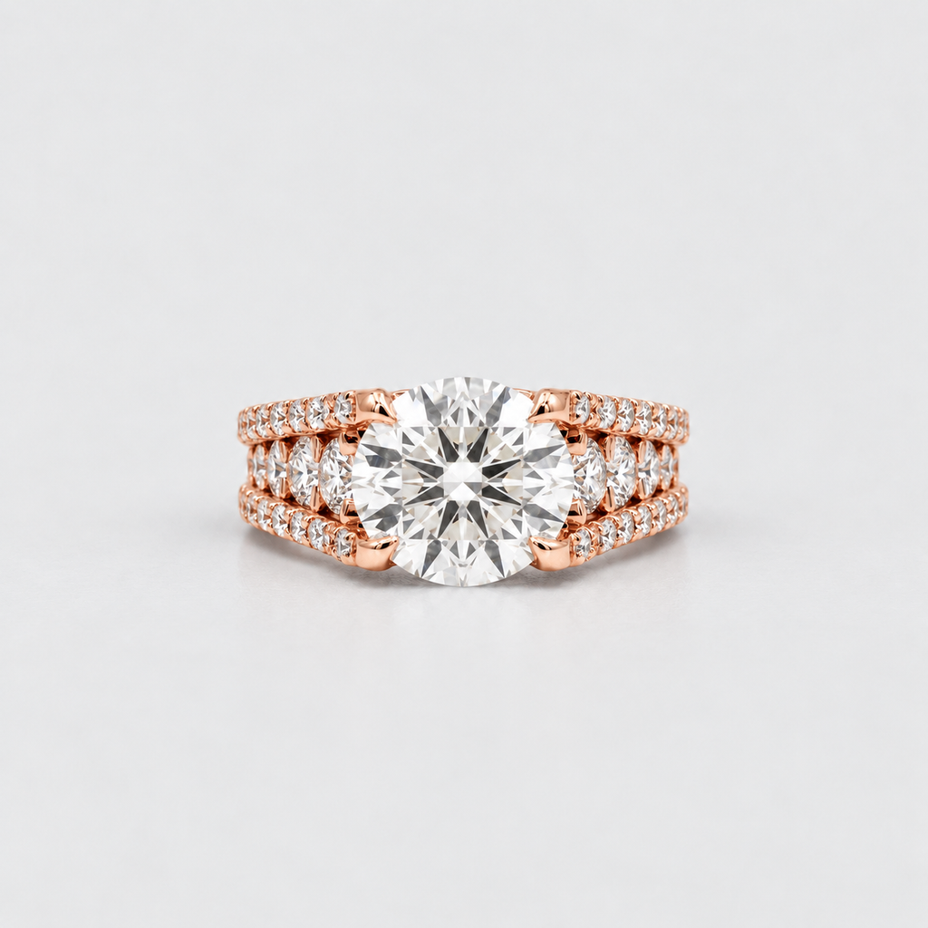 A rose gold engagement ring with a round brilliant-cut center stone and pavé-set side stones, shown on a clean light gray background.