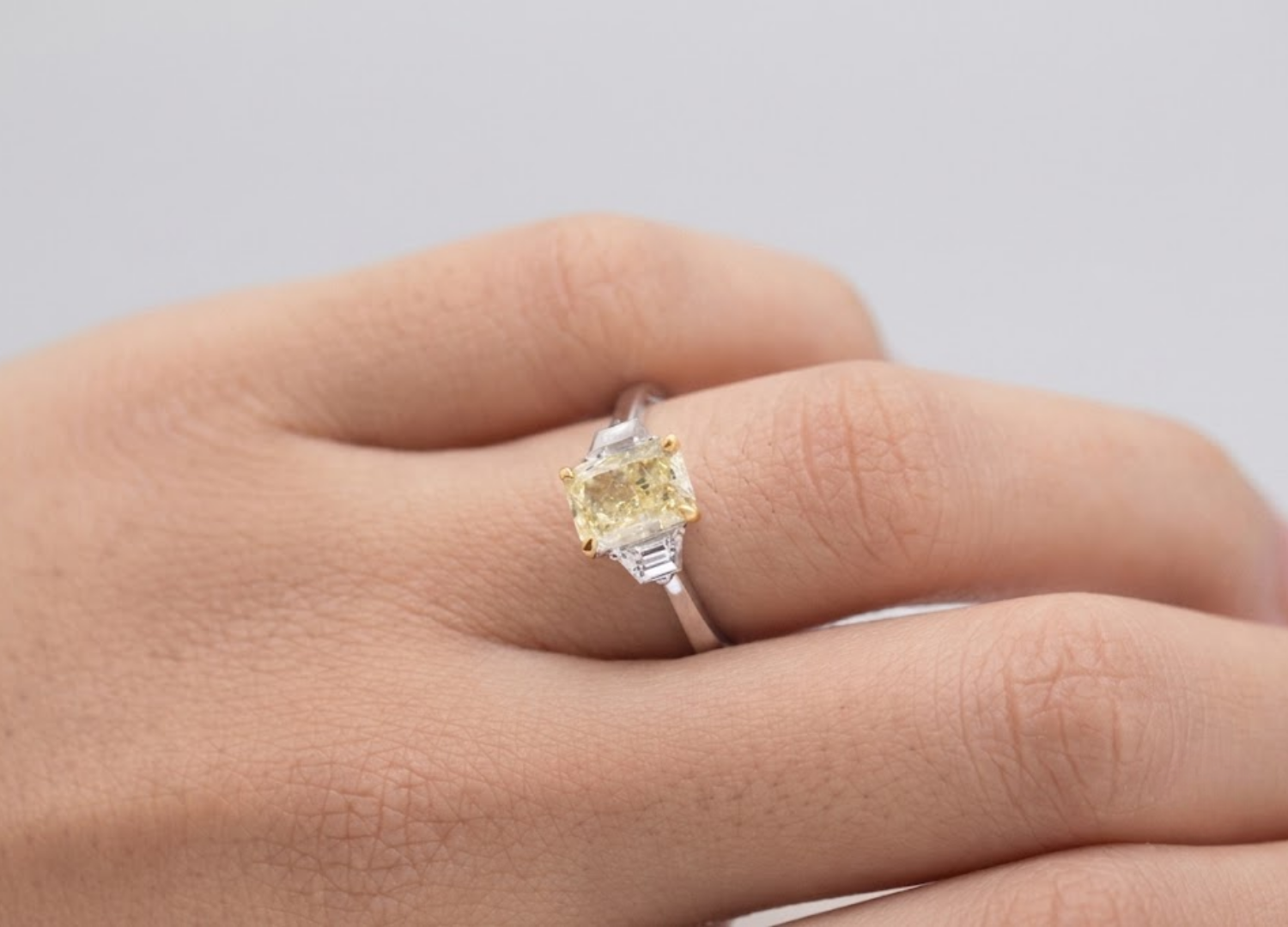 2.00tcw  (VS- Fancy Yellow) Lab-Grown Radiant Yellow Diamond Three-Stone Ring in Gold