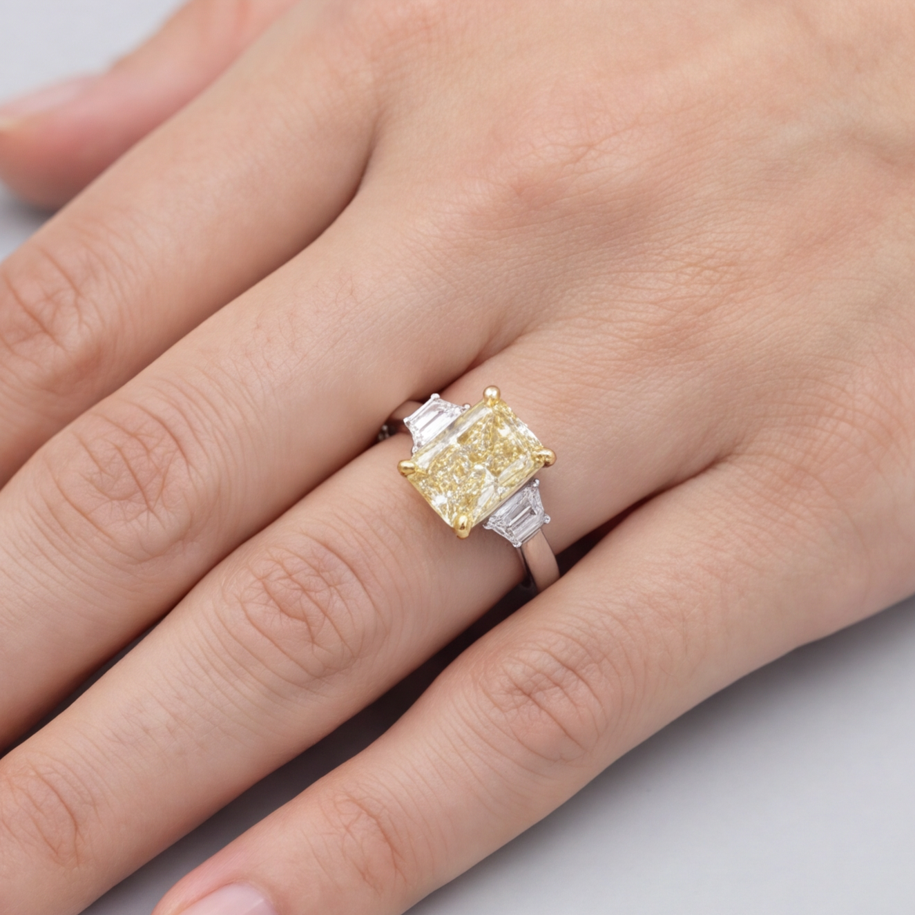 2.00tcw  (VS- Fancy Yellow) Lab-Grown Radiant Yellow Diamond Three-Stone Ring in Gold